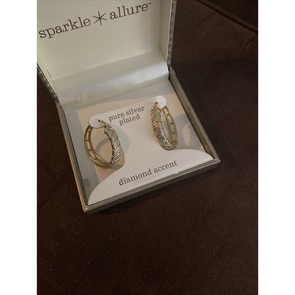 Sparkle Allure Silver Plated Simulated Diamonds Gold Hoop Stud Earrings - Picture 1 of 3